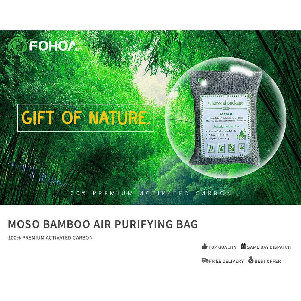 Charcoal bamboo air purifying bags with attachment points and product body