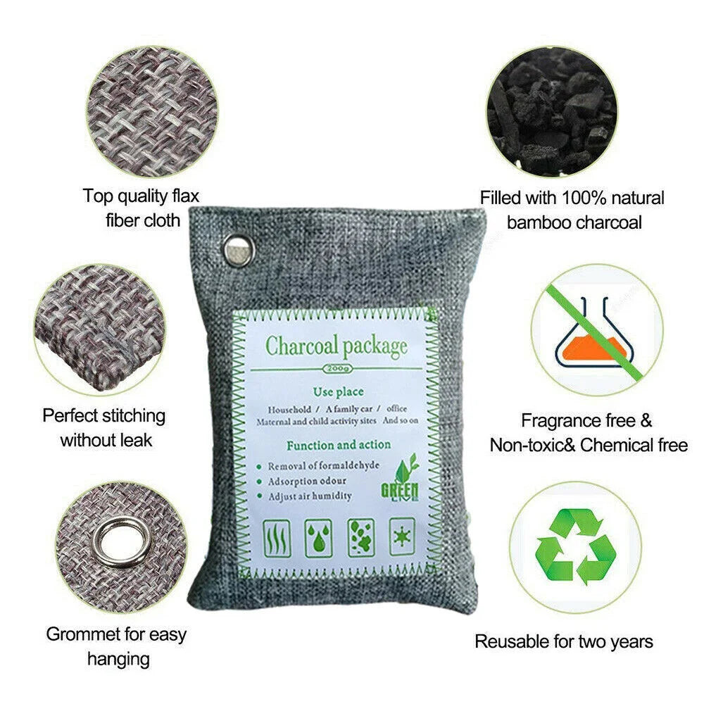 Charcoal bamboo air purifying bags with storage context and item proportions