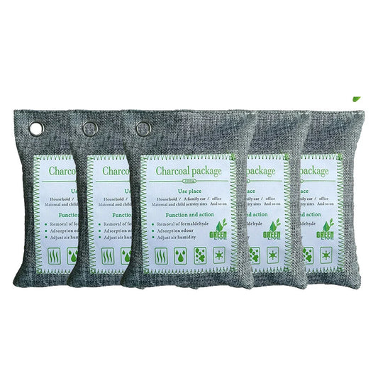 Charcoal bamboo air purifying bags with display setup and product form