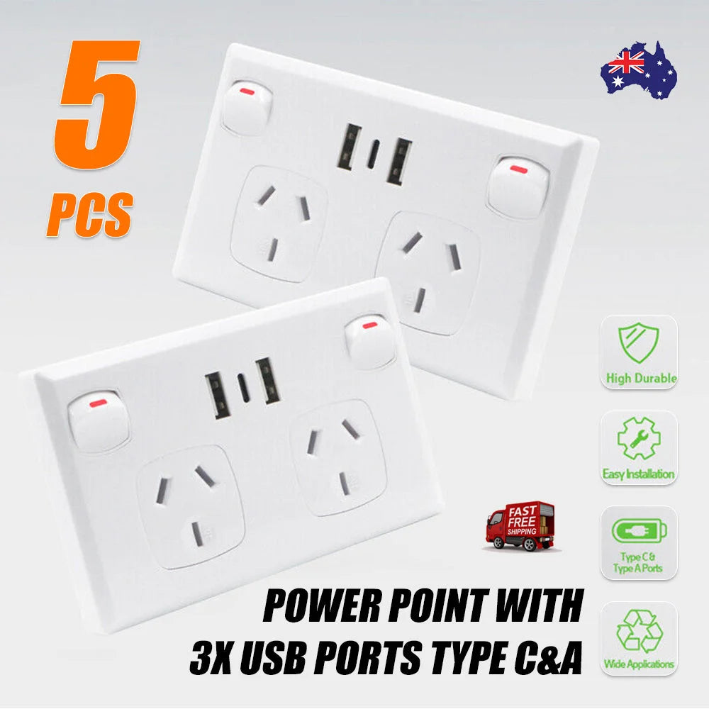 5PCS Double Power Point Dual USB Type C GPO
