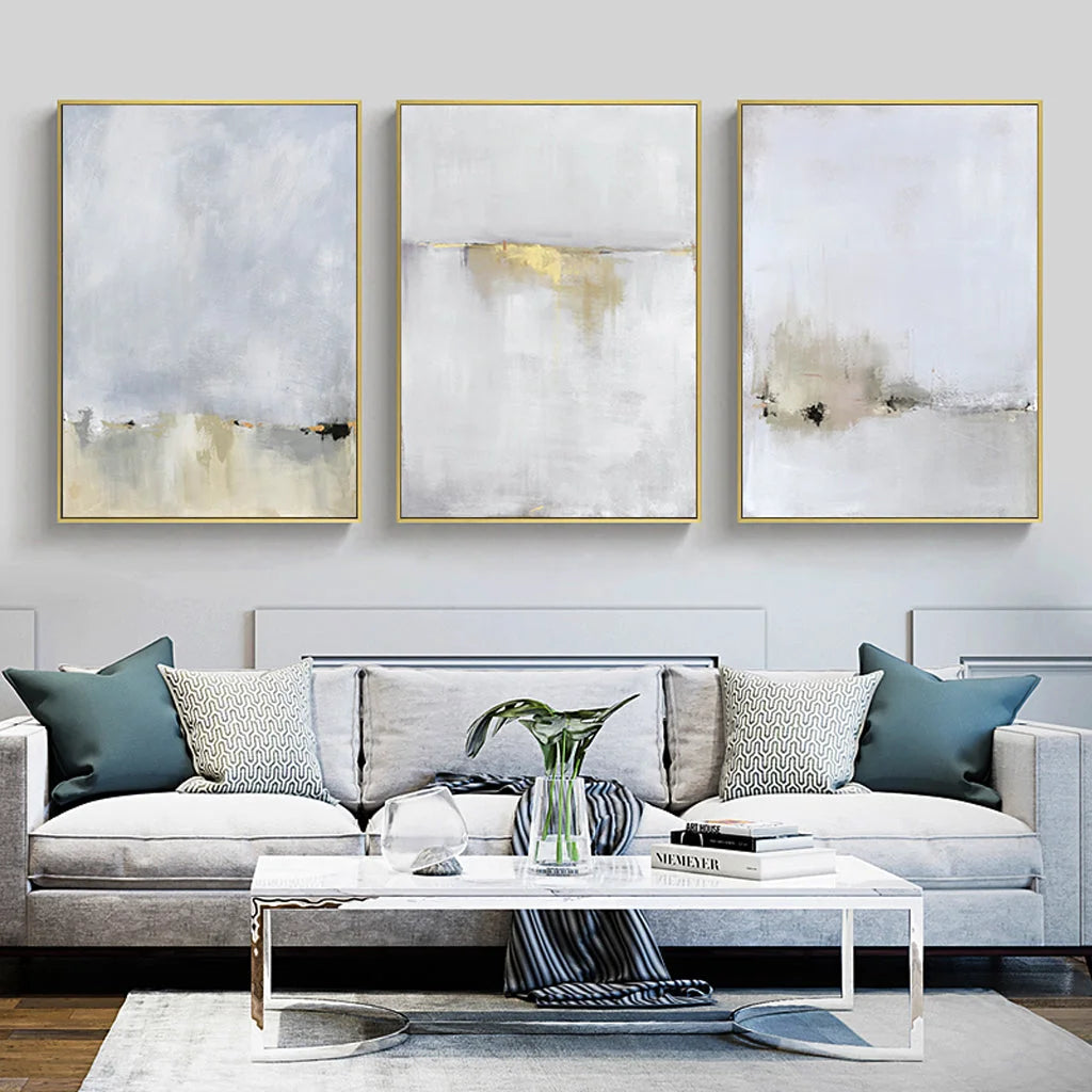 60cm x 90cm Abstract Golden White 3 Sets Gold Frame Canvas