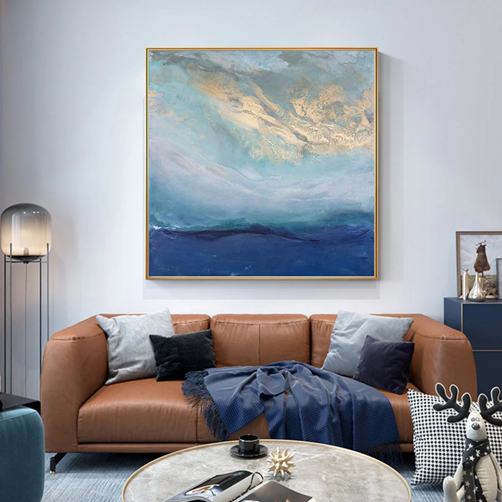 60cm x 60cm Abstract Gold Blue Square Gold Frame Canvas