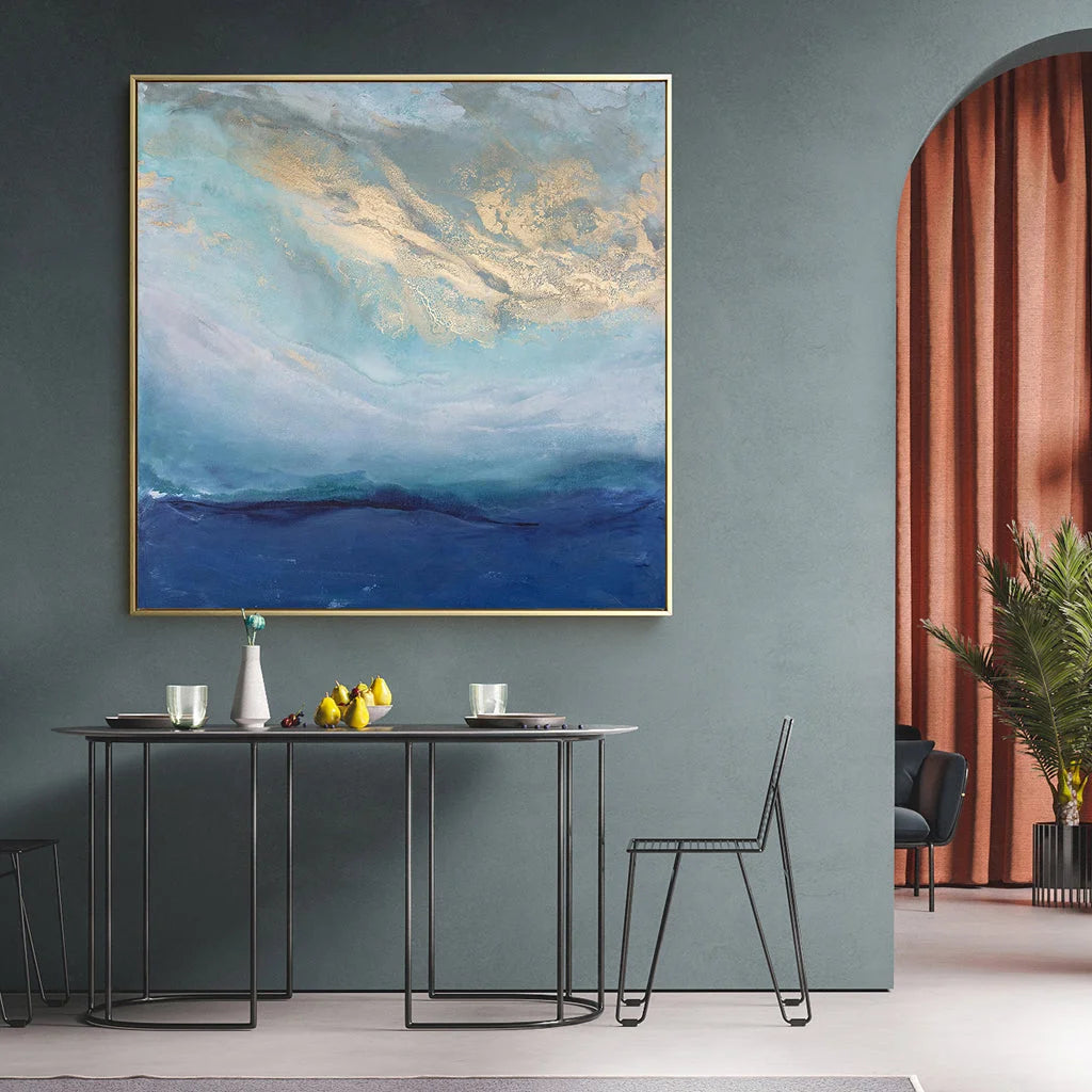 60cm x 60cm Abstract Gold Blue Square Gold Frame Canvas