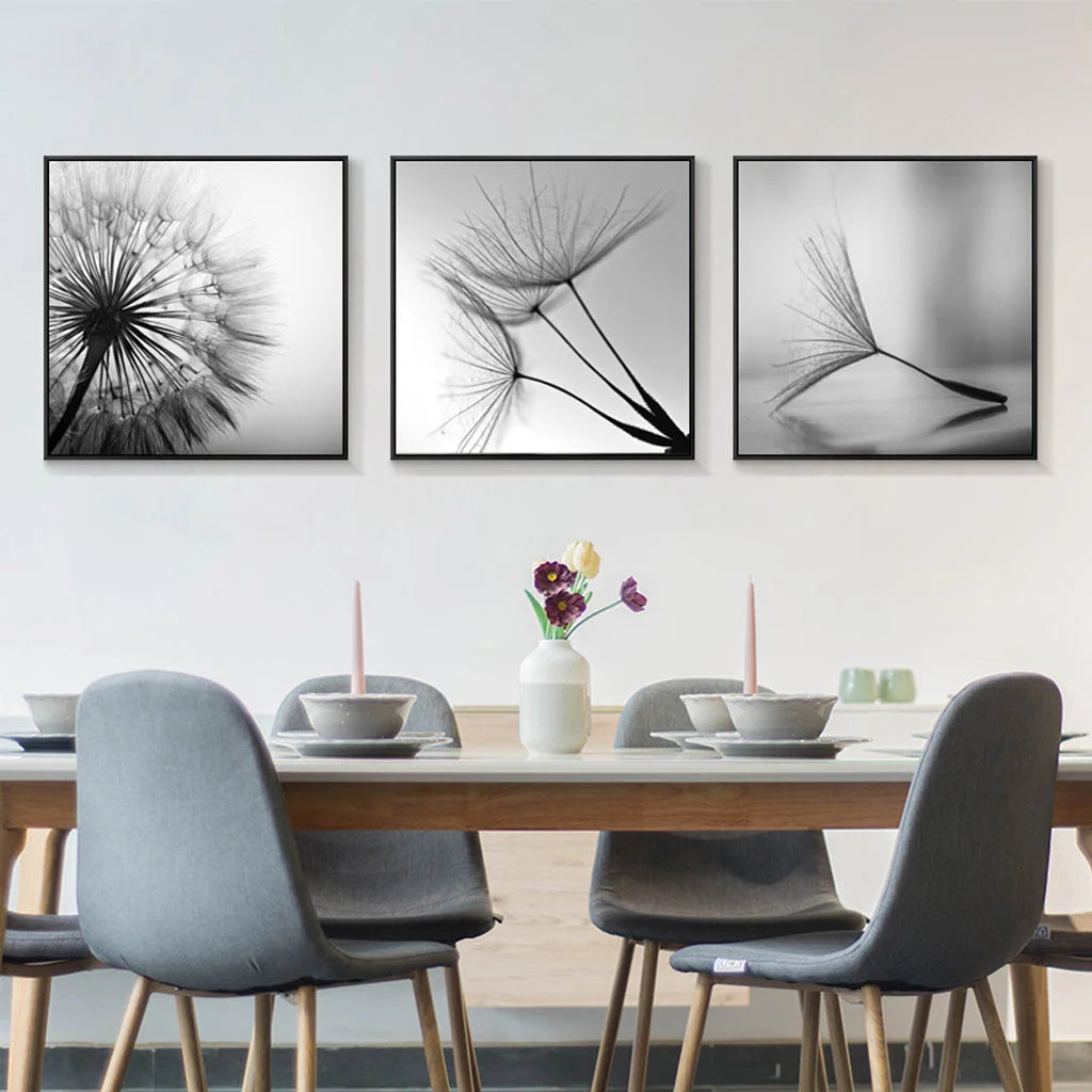 60cm x 60cm Botanical Dandelions 3 Sets Black Frame Canvas