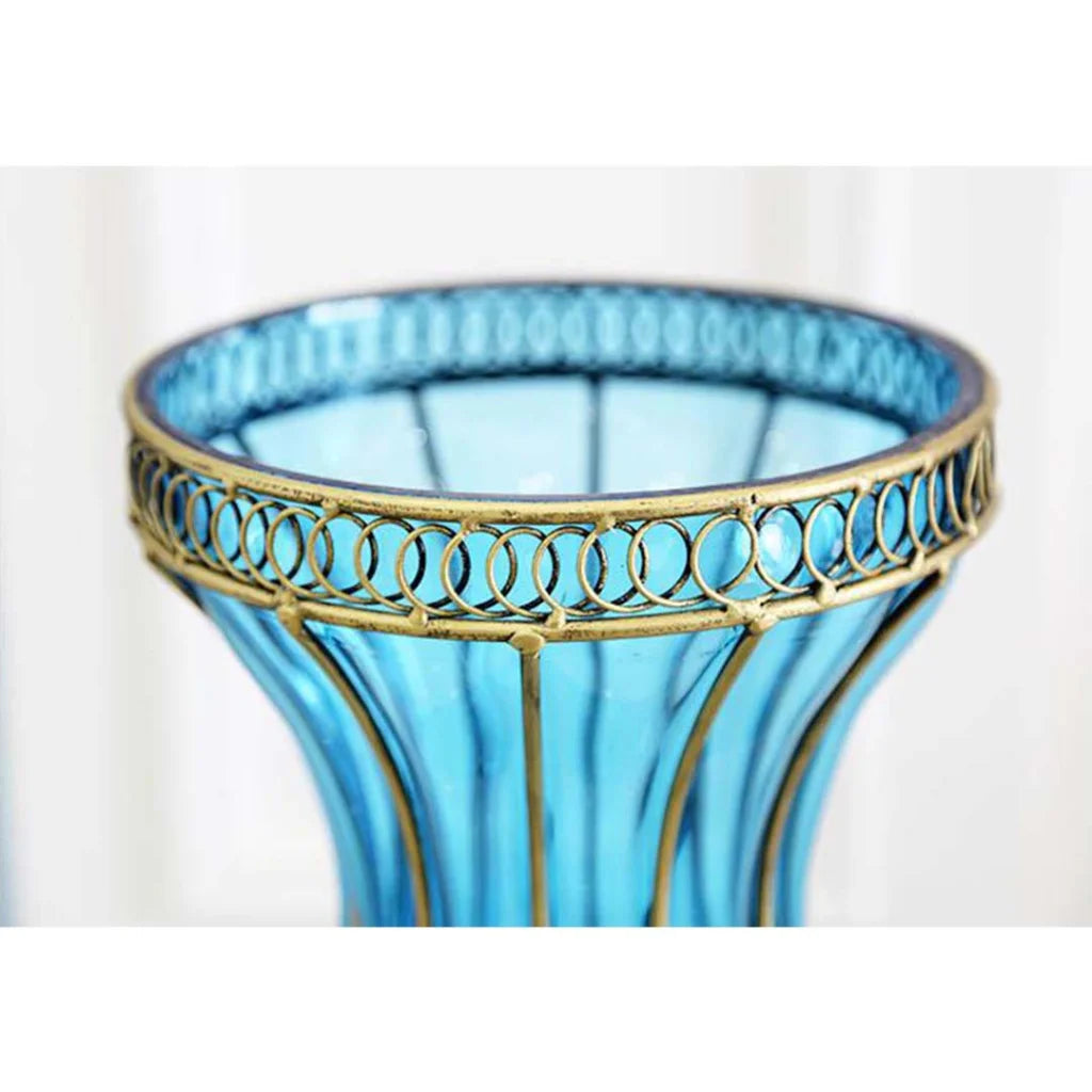 67cm Blue Glass Tall Floor Vase with Metal Flower Stand - Premium