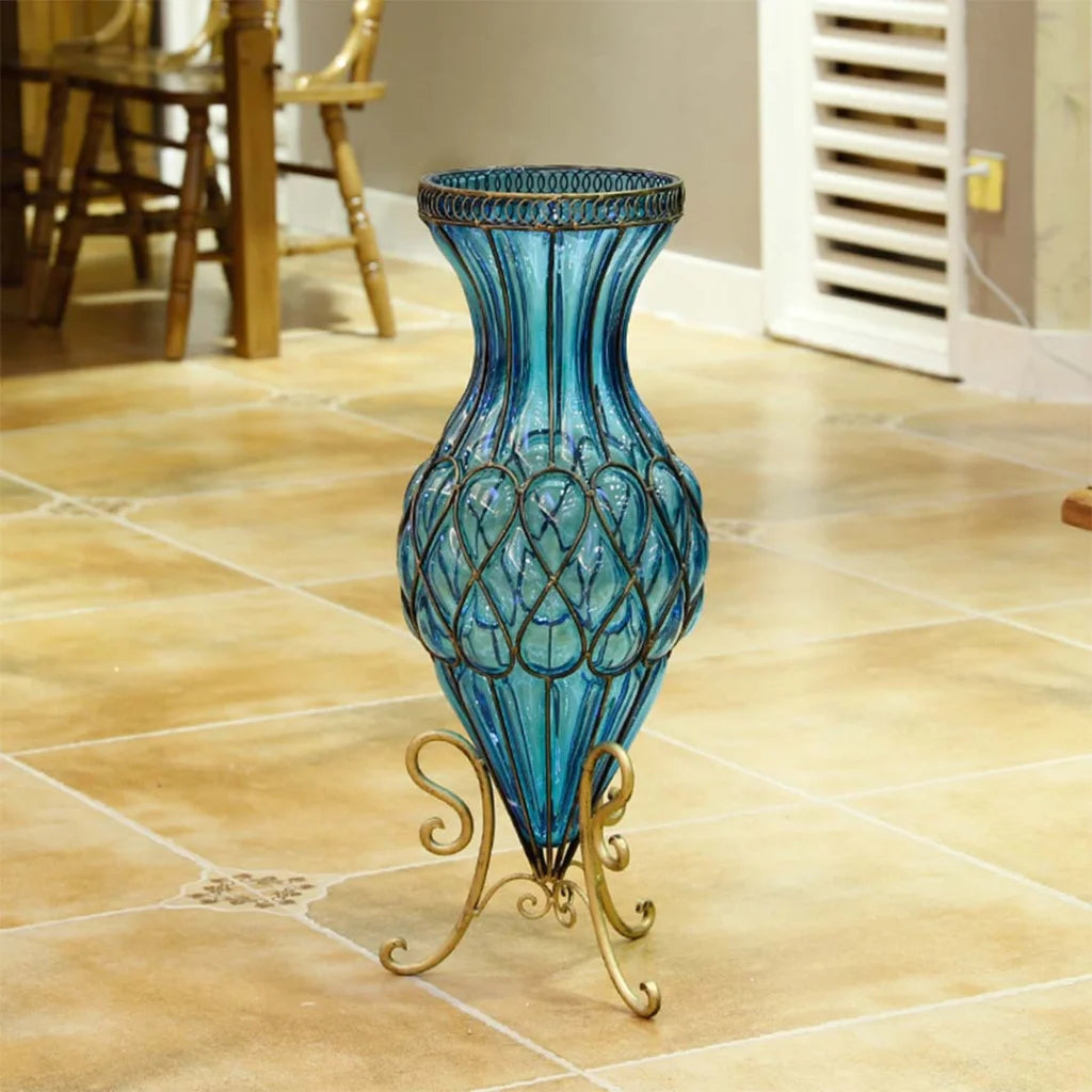 67cm Blue Glass Tall Floor Vase with Metal Flower Stand - Premium