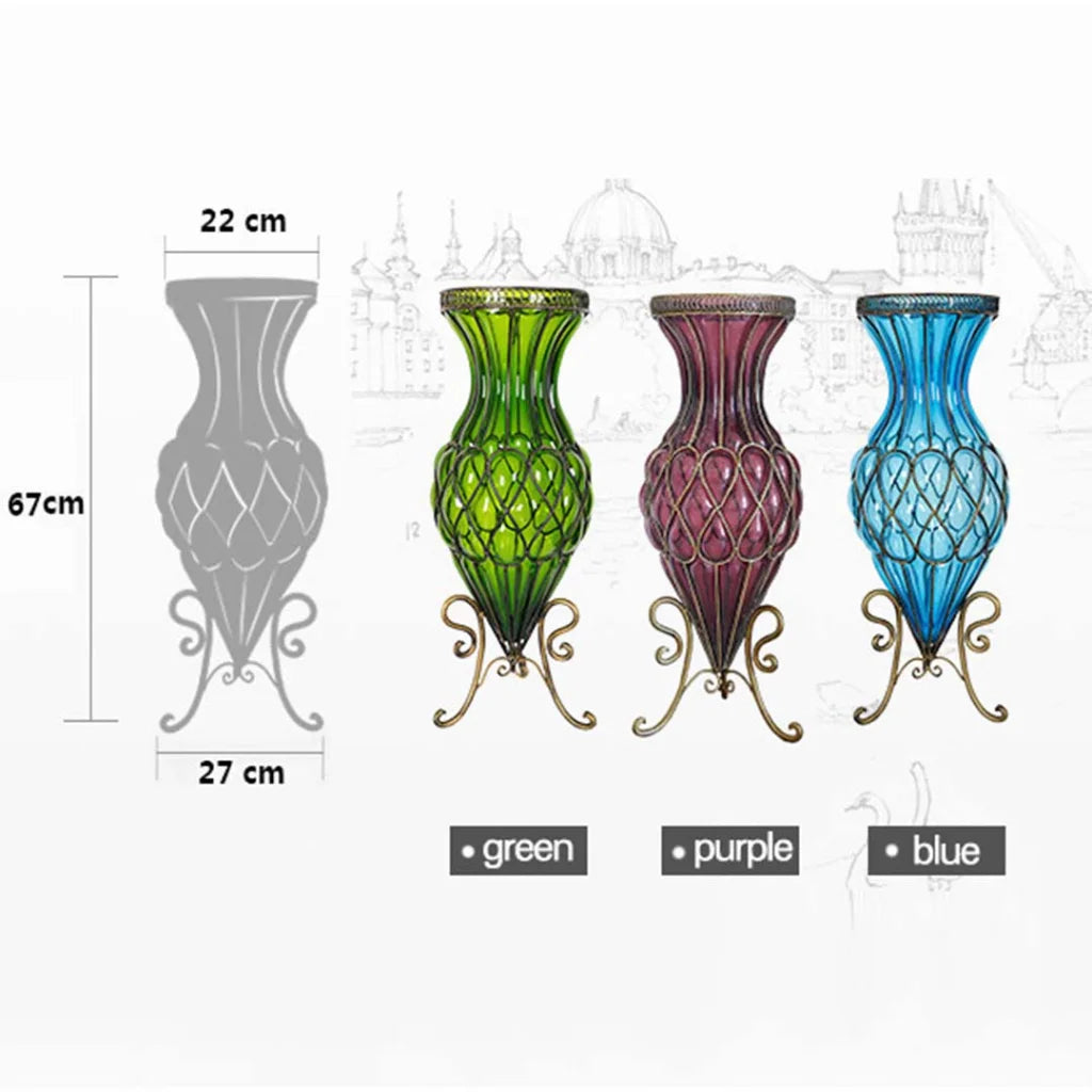 67cm Blue Glass Tall Floor Vase with Metal Flower Stand - Premium