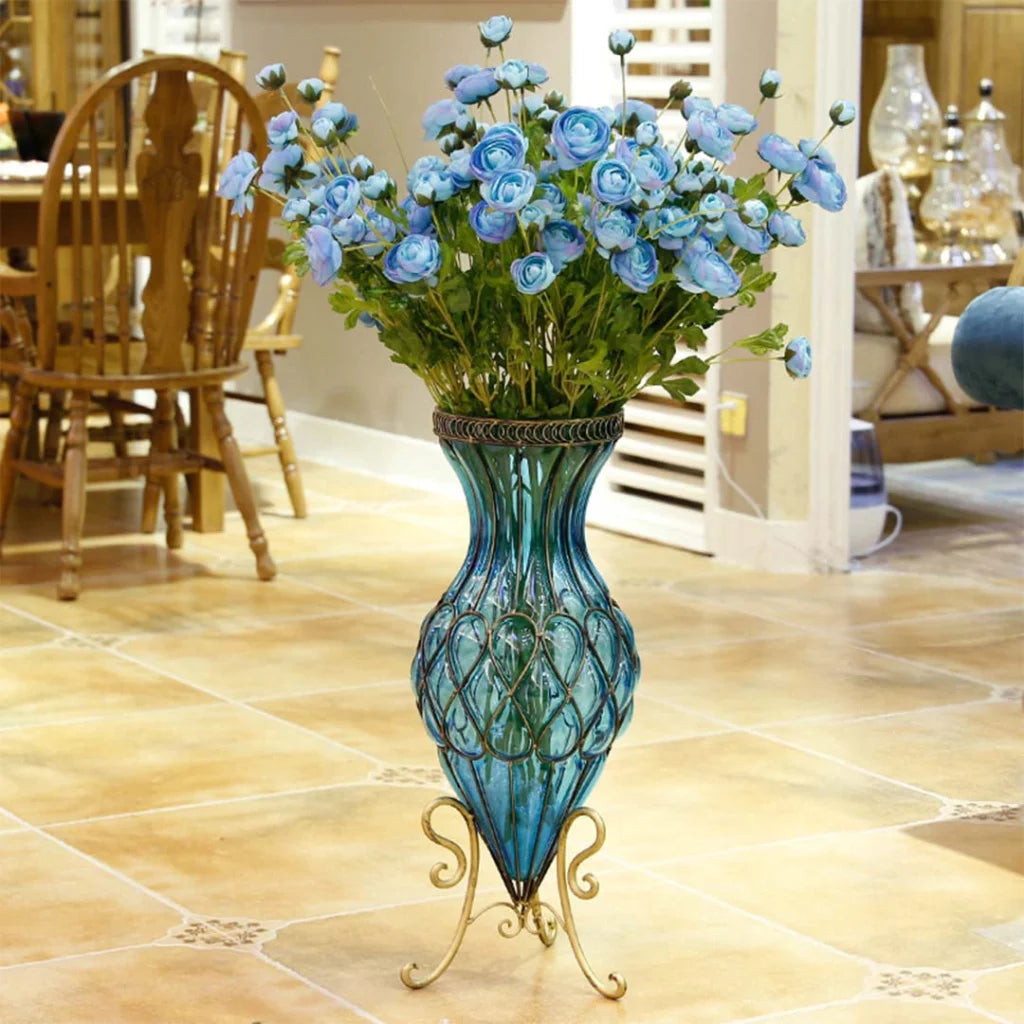 67cm Blue Glass Tall Floor Vase with Metal Flower Stand - Premium