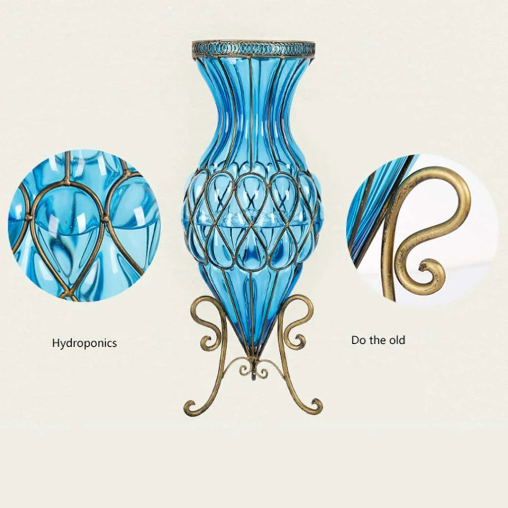 67cm Blue Glass Tall Floor Vase with Metal Flower Stand - Premium