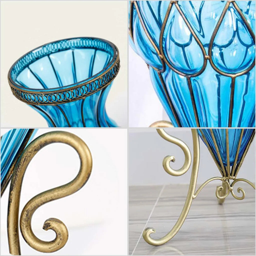 67cm Blue Glass Tall Floor Vase with Metal Flower Stand - Premium