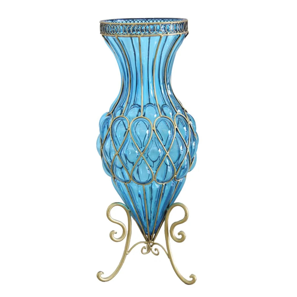 67cm Blue Glass Tall Floor Vase with Metal Flower Stand - Premium