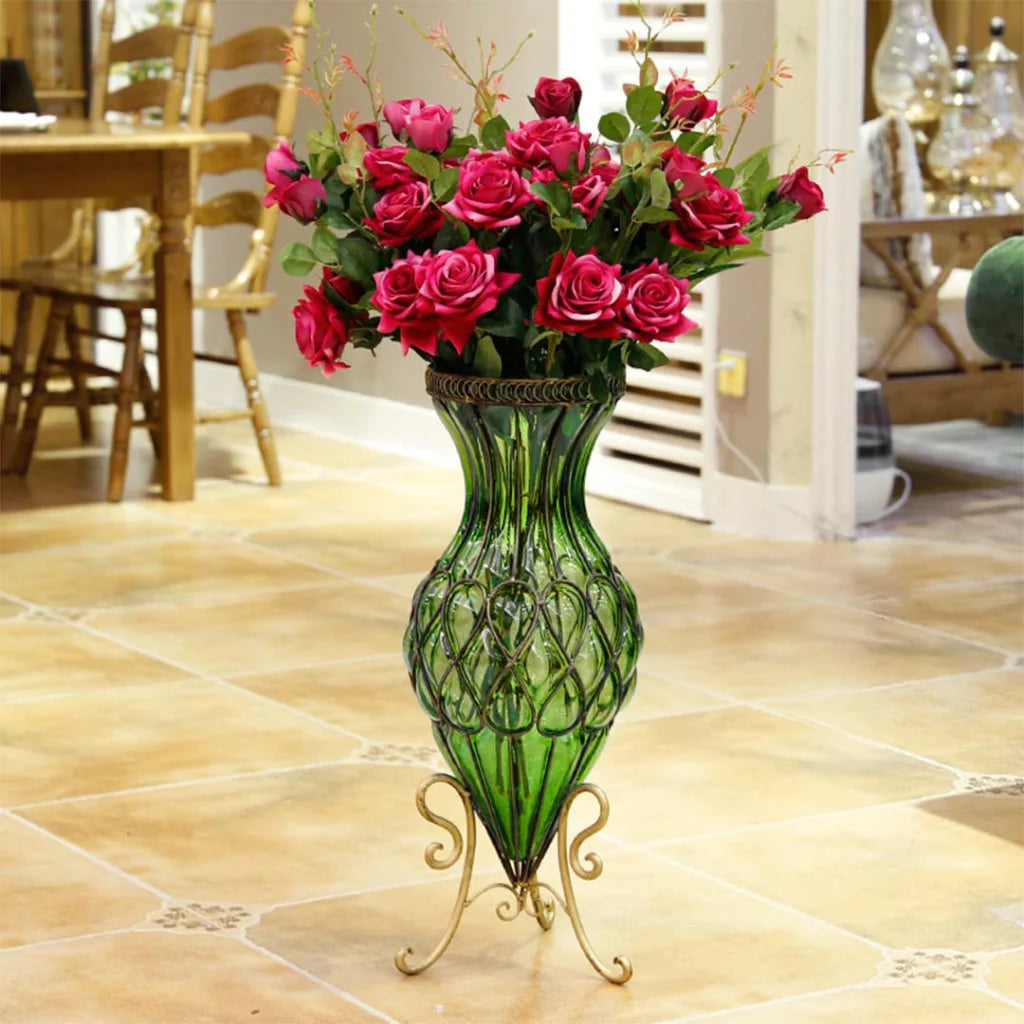 67cm Green Glass Tall Floor Vase with Metal Flower Stand - Premium