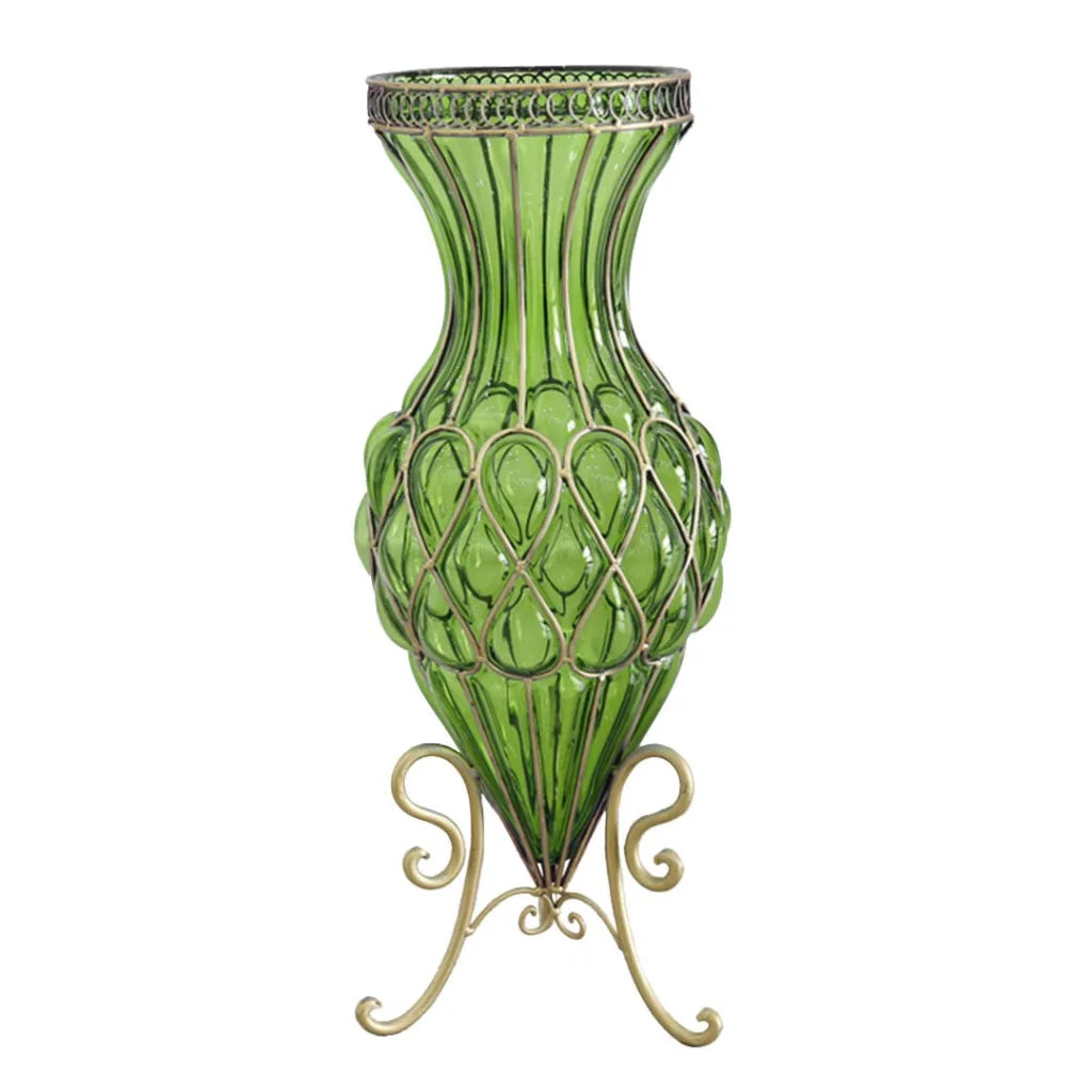 67cm Green Glass Tall Floor Vase with Metal Flower Stand - Premium