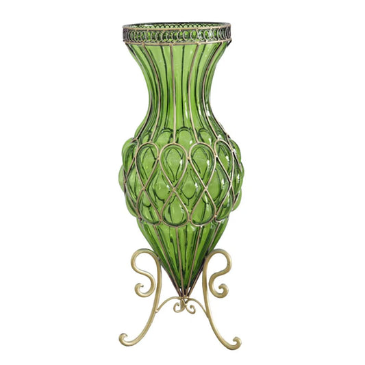 67cm Green Glass Tall Floor Vase with Metal Flower Stand - Premium