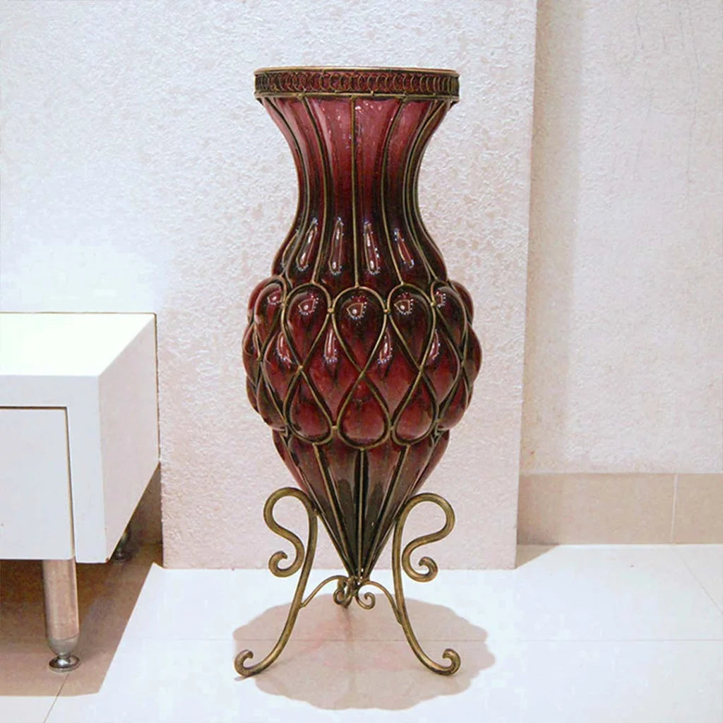67cm Purple Glass Tall Floor Vase with Metal Flower Stand - Premium