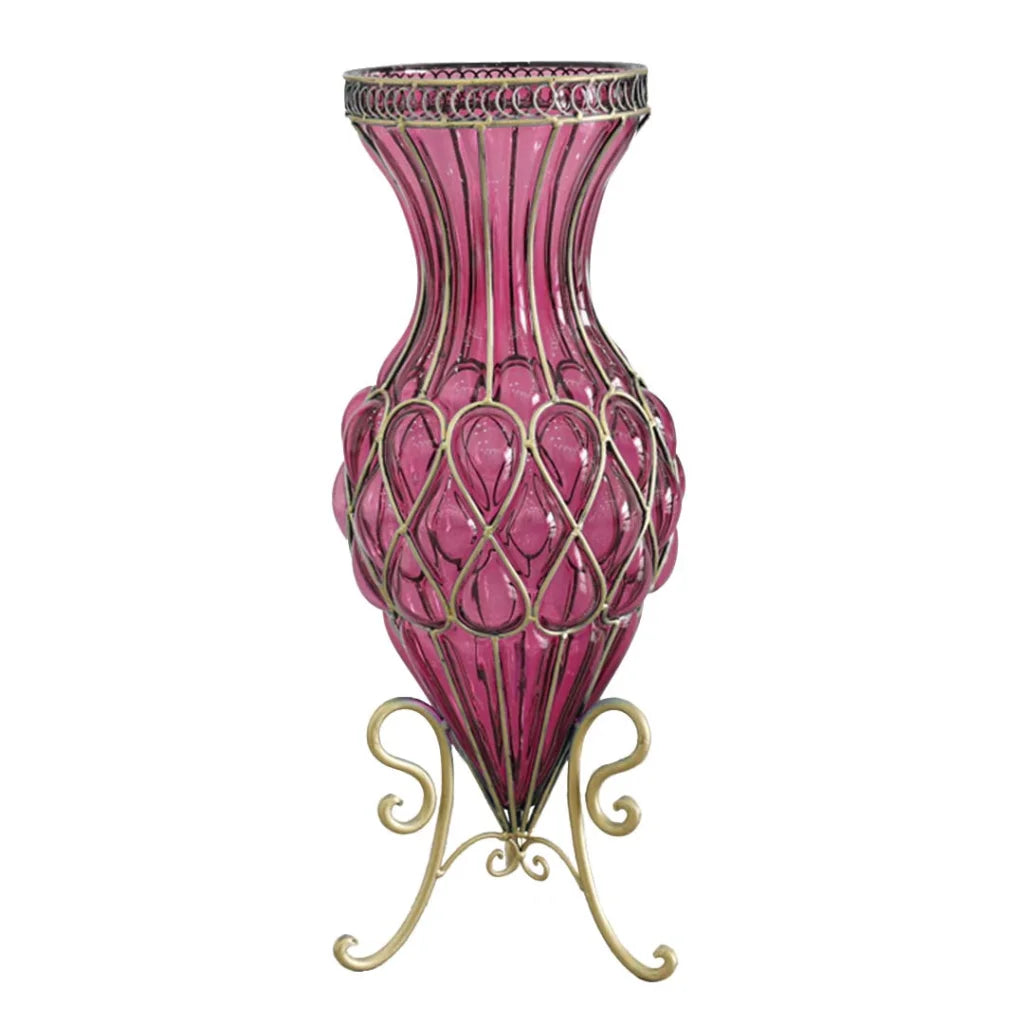 67cm Purple Glass Tall Floor Vase with Metal Flower Stand - Premium