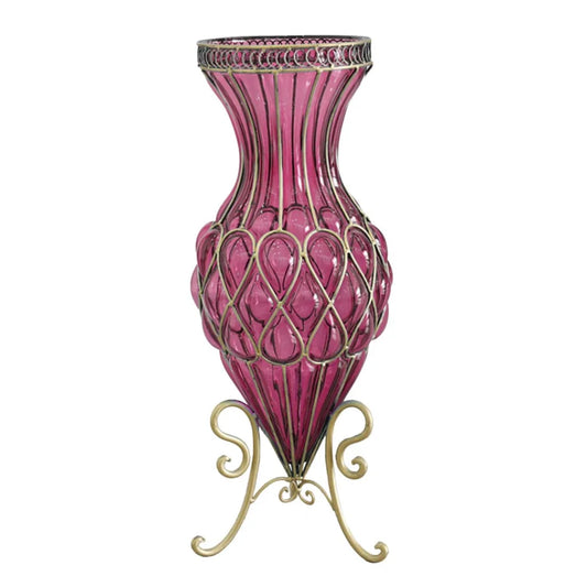 67cm Purple Glass Tall Floor Vase with Metal Flower Stand - Premium