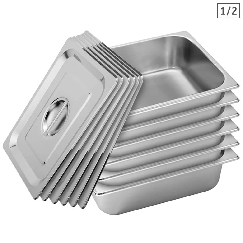 6X Gastronorm GN Pan Full Size 1/2 10cm Deep Stainless Steel Tray with Lid - Premium