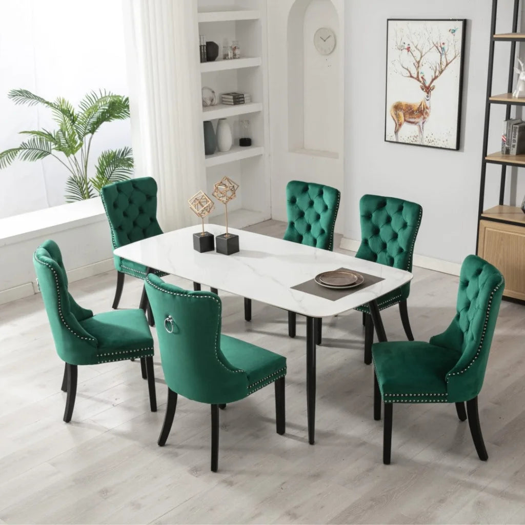 6x Velvet Dining Chairs- Green - Furniture > Dining >
