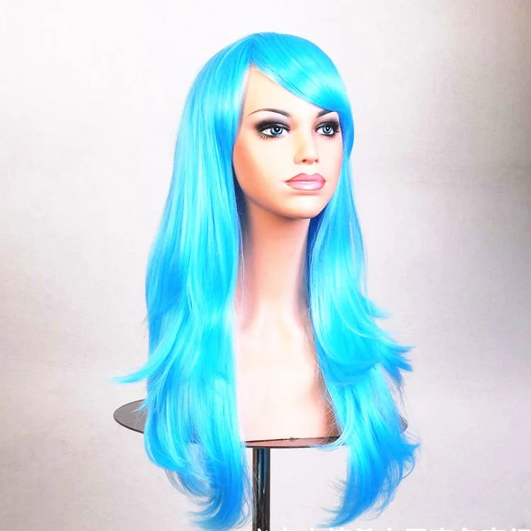 70cm Wavy Curly Sleek Full Hair Lady Wigs w Side Bangs