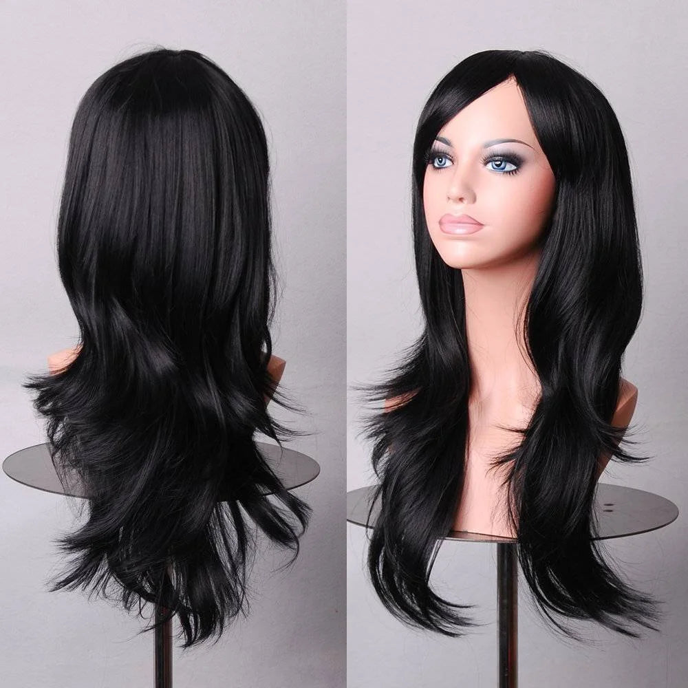 70cm Wavy Curly Sleek Full Hair Lady Wigs w Side Bangs