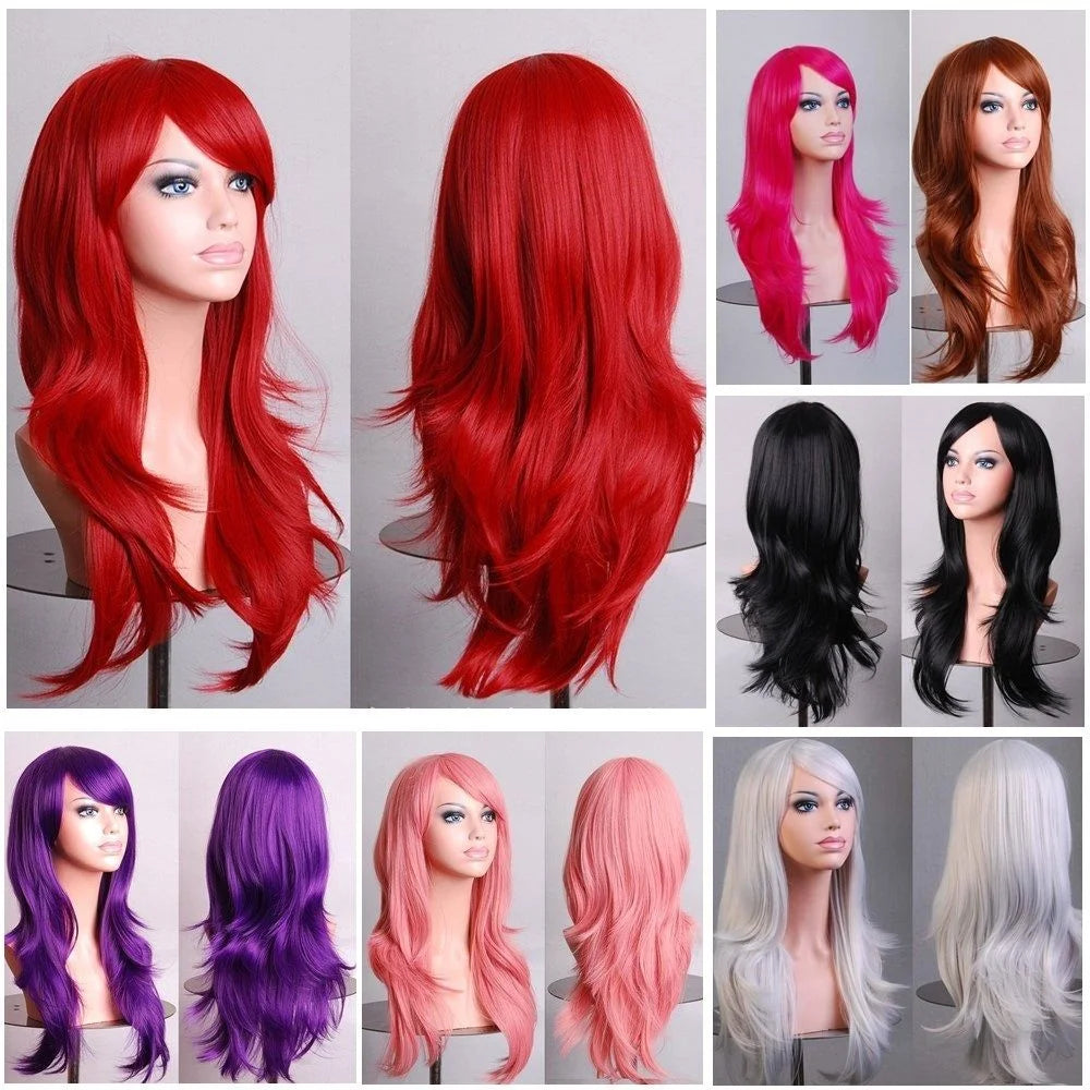 70cm Wavy Curly Sleek Full Hair Lady Wigs w Side Bangs
