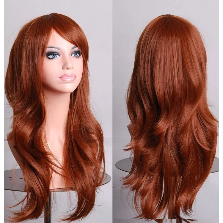 70cm Wavy Curly Sleek Full Hair Lady Wigs w Side Bangs