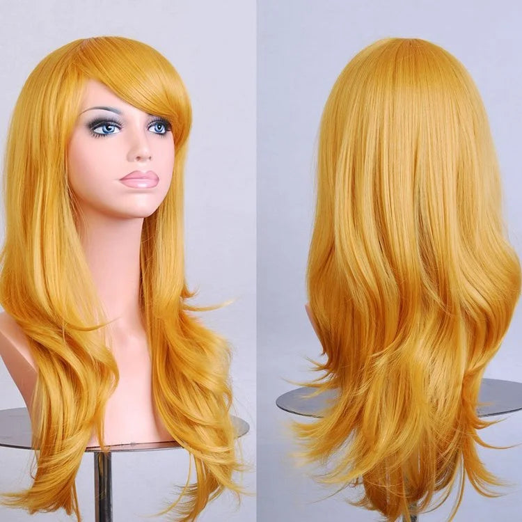 70cm Wavy Curly Sleek Full Hair Lady Wigs w Side Bangs