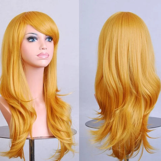 70cm Wavy Curly Sleek Full Hair Lady Wigs w Side Bangs