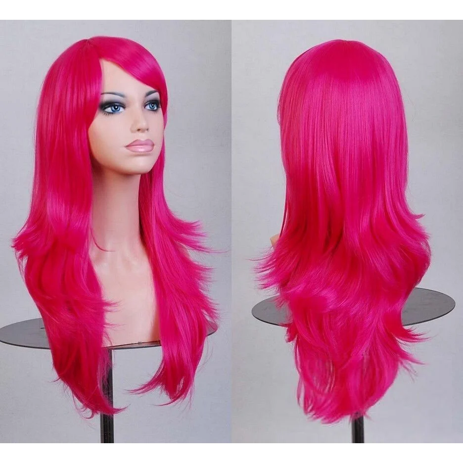 70cm Wavy Curly Sleek Full Hair Lady Wigs w Side Bangs