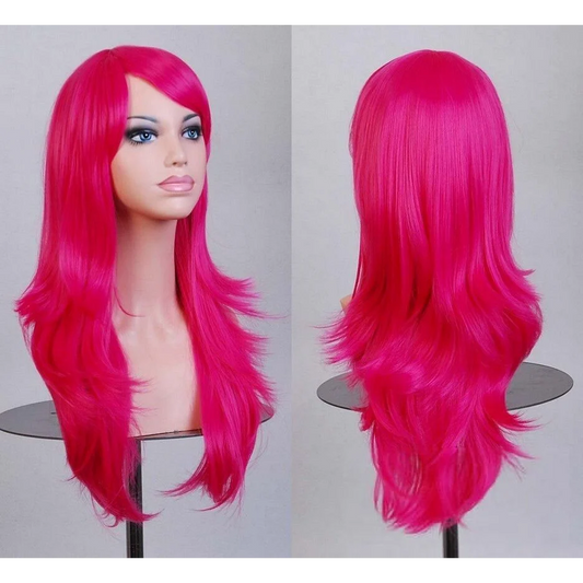 70cm Wavy Curly Sleek Full Hair Lady Wigs w Side Bangs