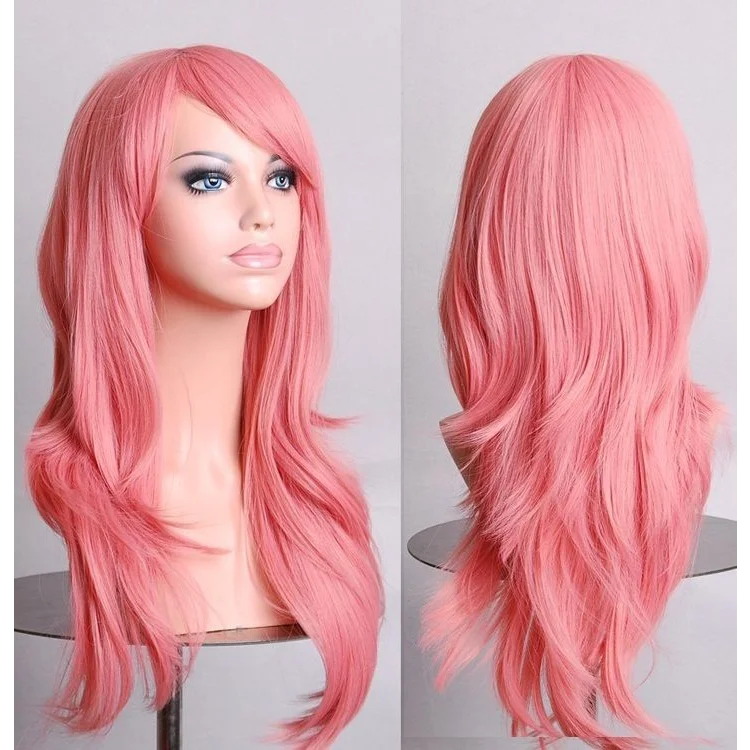 70cm Wavy Curly Sleek Full Hair Lady Wigs w Side Bangs