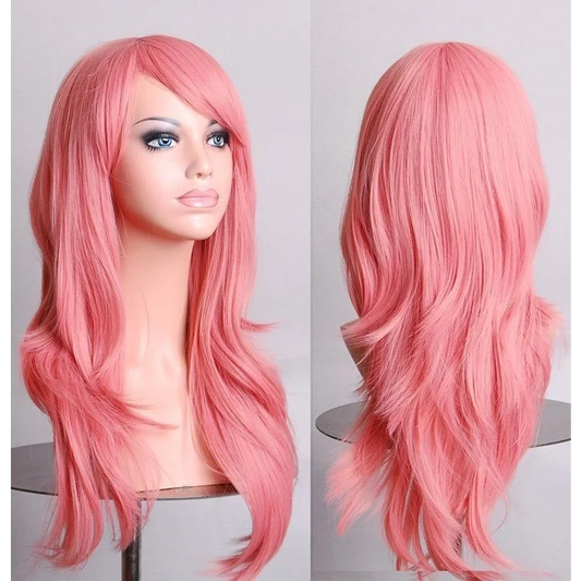 70cm Wavy Curly Sleek Full Hair Lady Wigs w Side Bangs