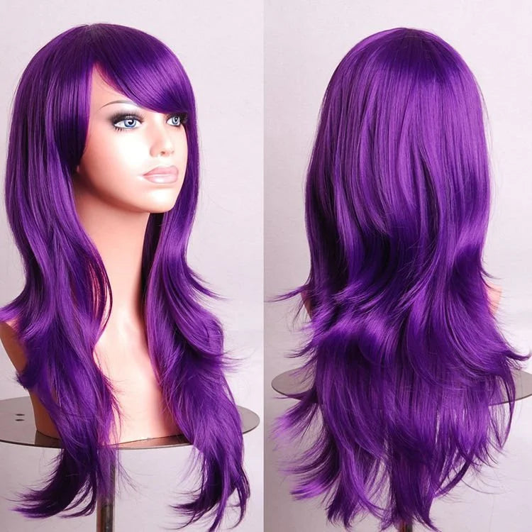 70cm Wavy Curly Sleek Full Hair Lady Wigs w Side Bangs