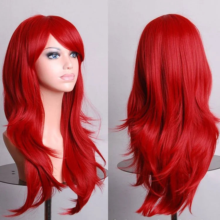 70cm Wavy Curly Sleek Full Hair Lady Wigs w Side Bangs