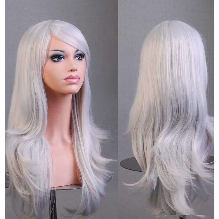 70cm Wavy Curly Sleek Full Hair Lady Wigs w Side Bangs
