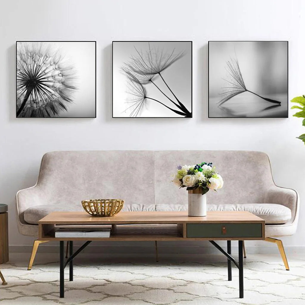 70cm x 70cm Botanical Dandelions 3 Sets Black Frame Canvas