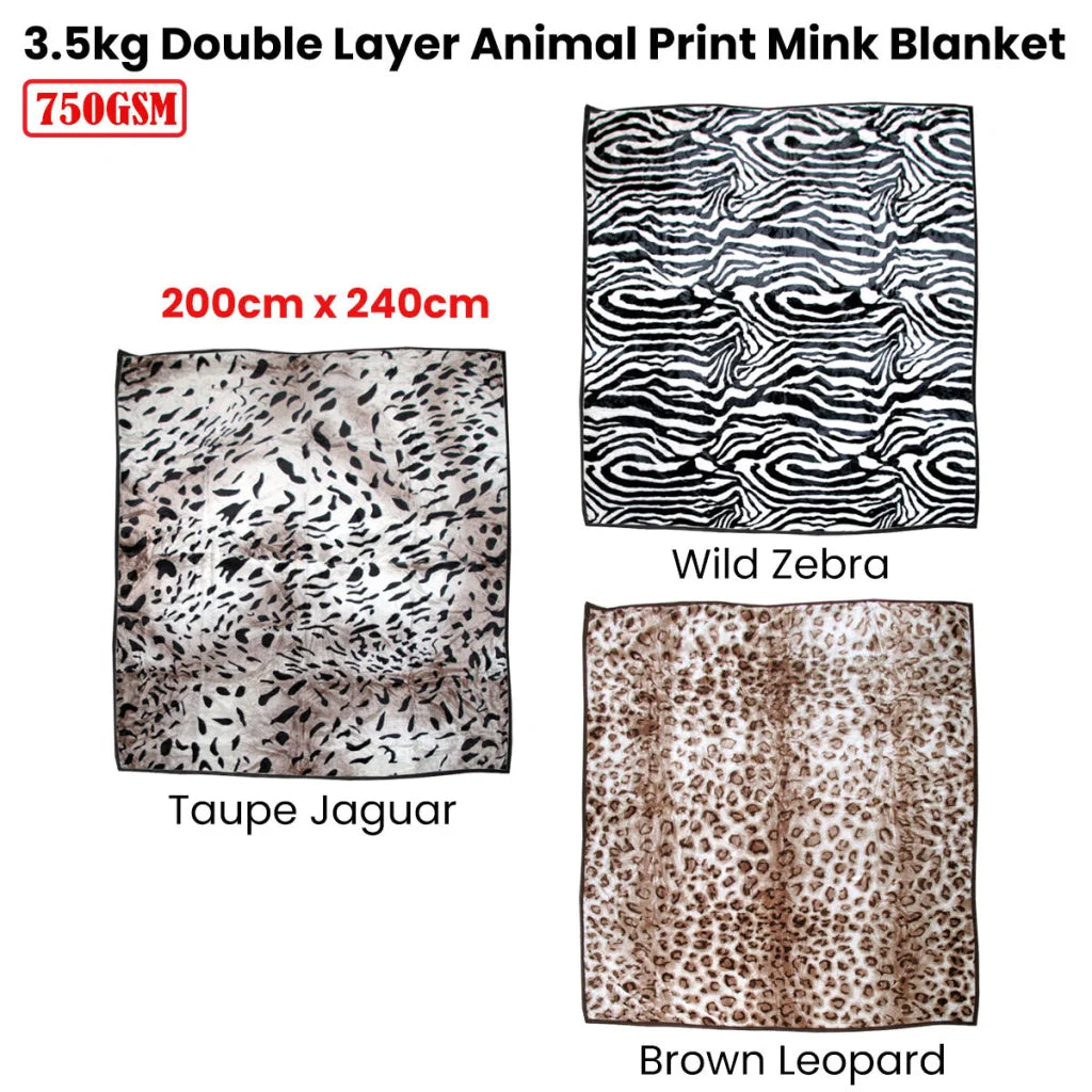 750gsm 3.5kg Double Layer Animal Print Faux Mink Blanket