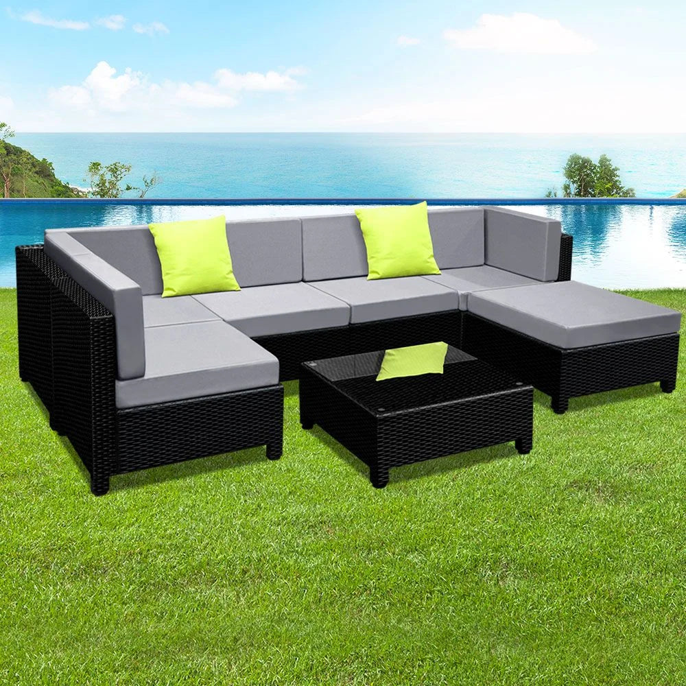 Black wicker outdoor sofa couches with modular seating for patio layout