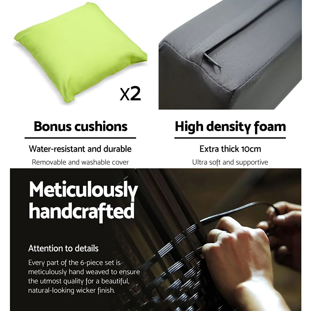 Outdoor sofa couches with grey cushions and woven frame
