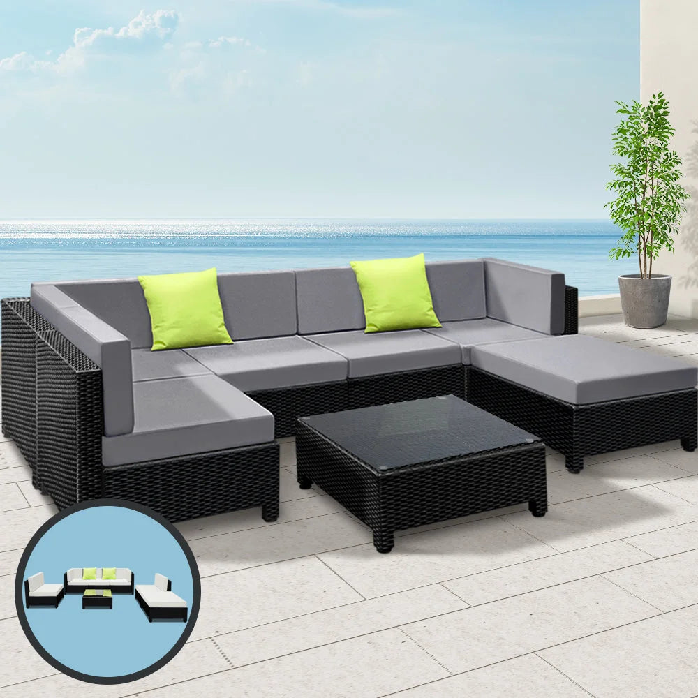 Black wicker outdoor sofa couches with grey cushions and woven frame