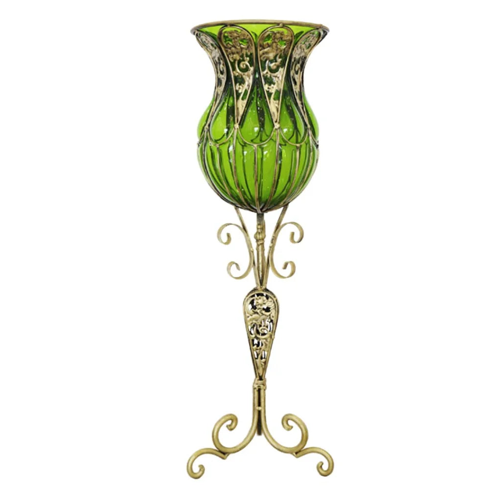 85cm Green Glass Floor Vase with Tall Metal Flower Stand - Premium