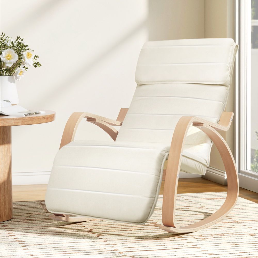 Fabric Rocking Armchair with Adjustable Footrest - Beige