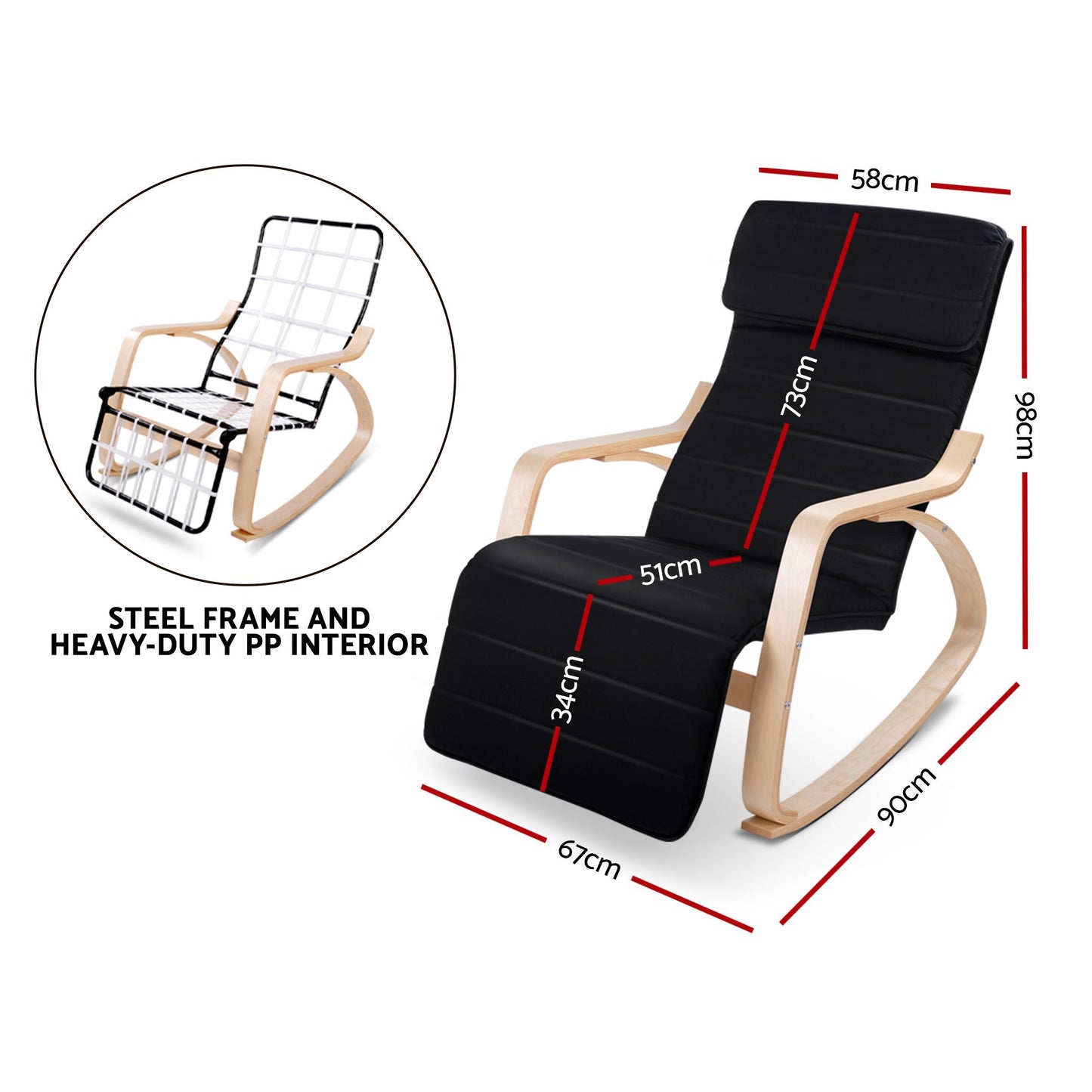 Fabric Rocking Armchair with Adjustable Footrest - Black
