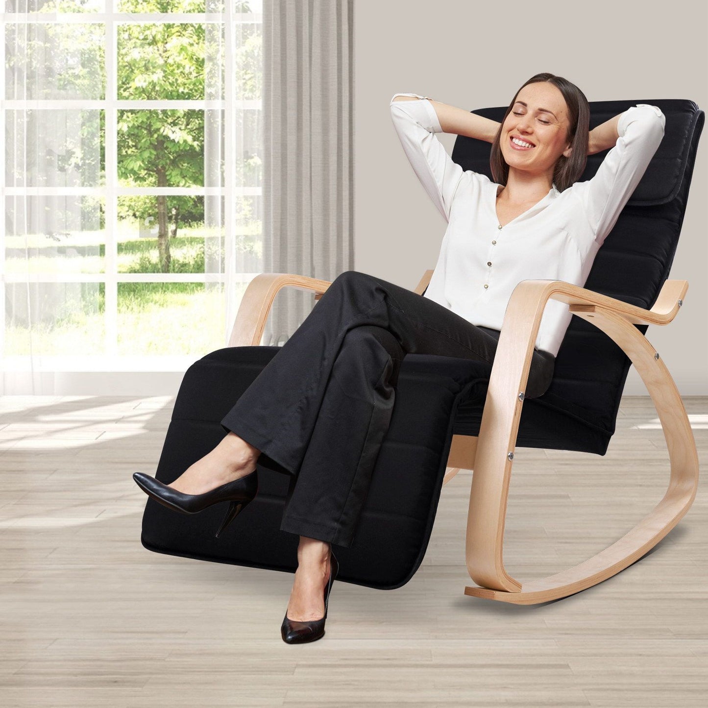 Fabric Rocking Armchair with Adjustable Footrest - Black