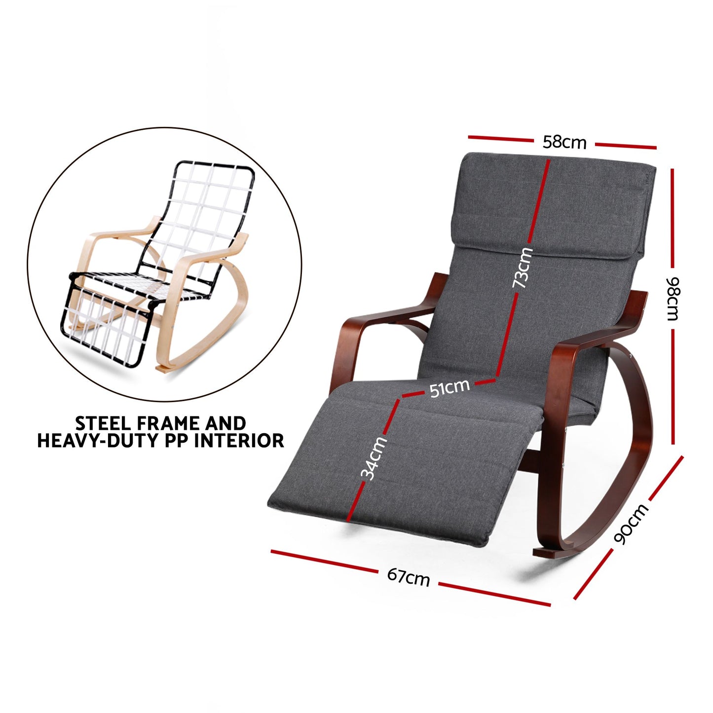Fabric Rocking Armchair with Adjustable Footrest - Charcoal