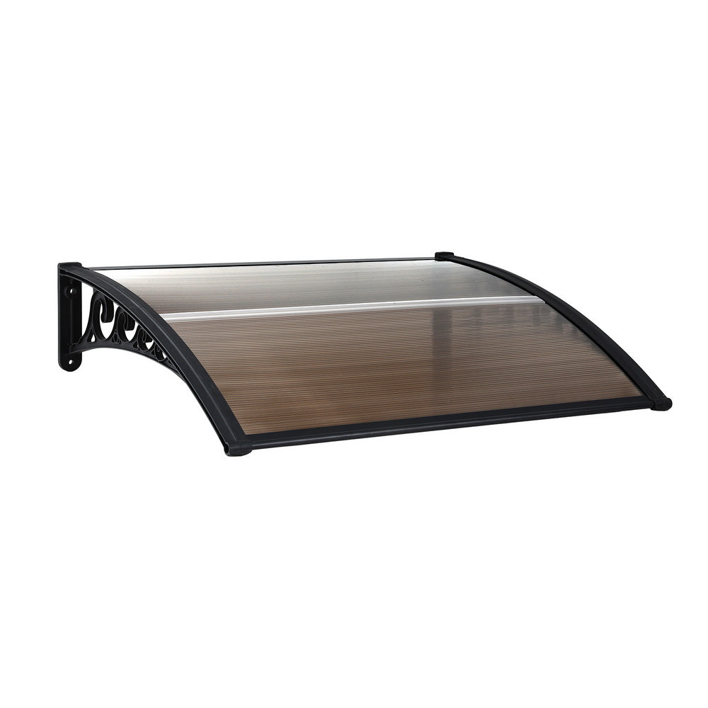 Brown curved Instahut door and window awning with black wall brackets