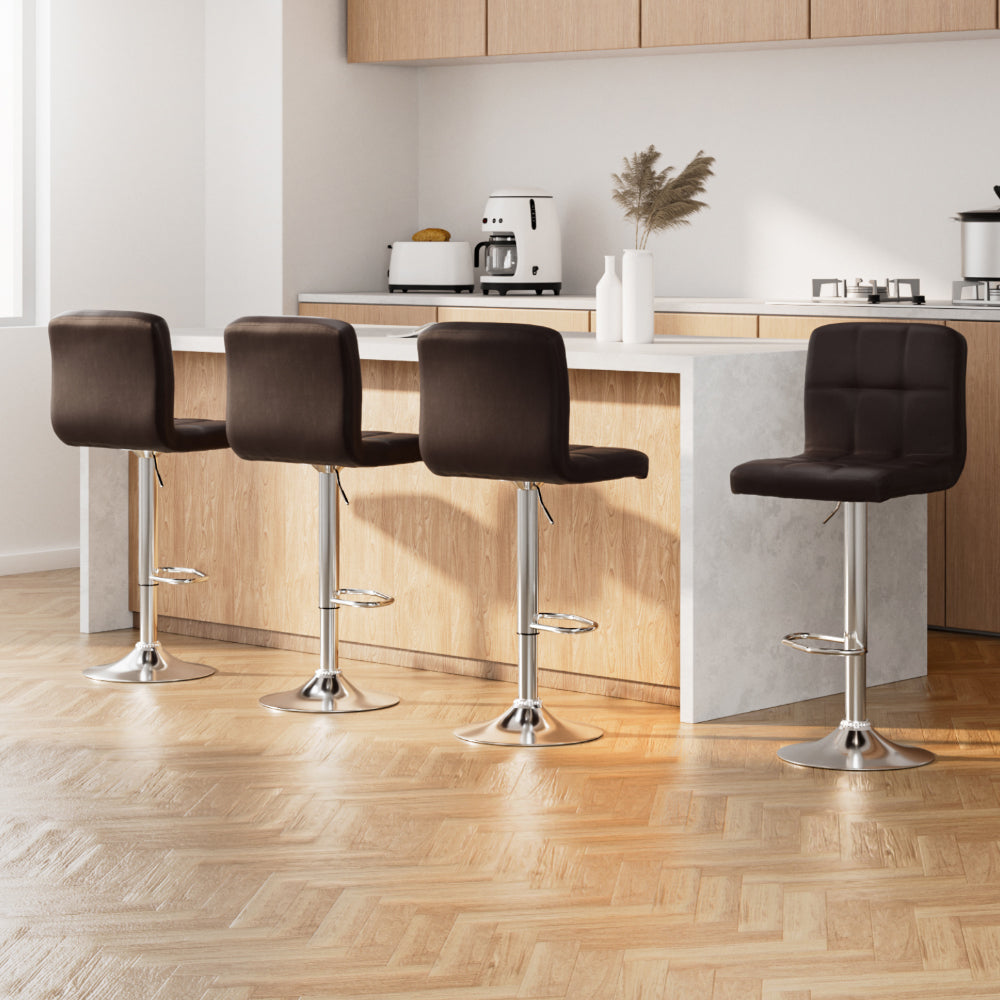 Leather Bar Stools Set of 4 Kitchen Chairs Swivel Bar Stool Gas Lift Brown