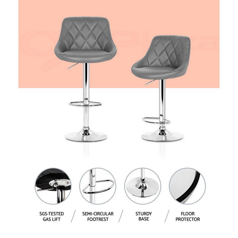 Bar Stools Set of 2 PU Leather Diamond Style - Grey
