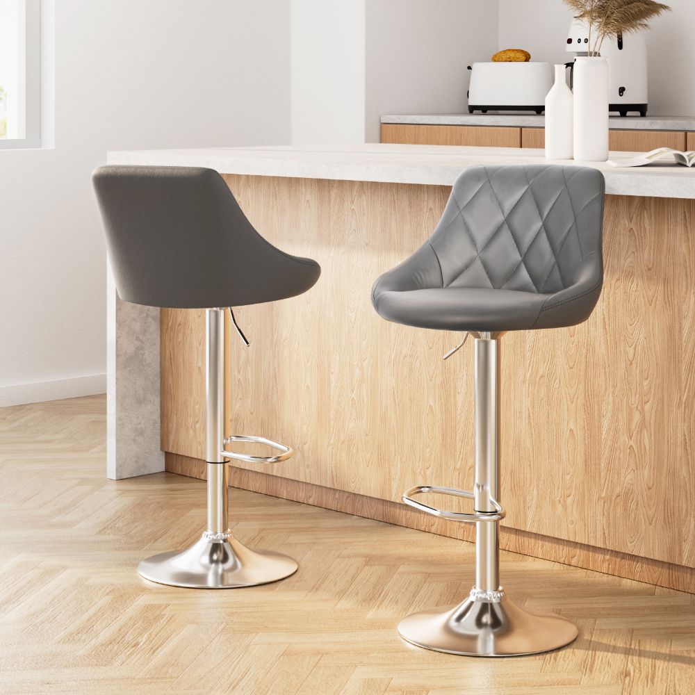 Bar Stools Set of 2 PU Leather Diamond Style - Grey